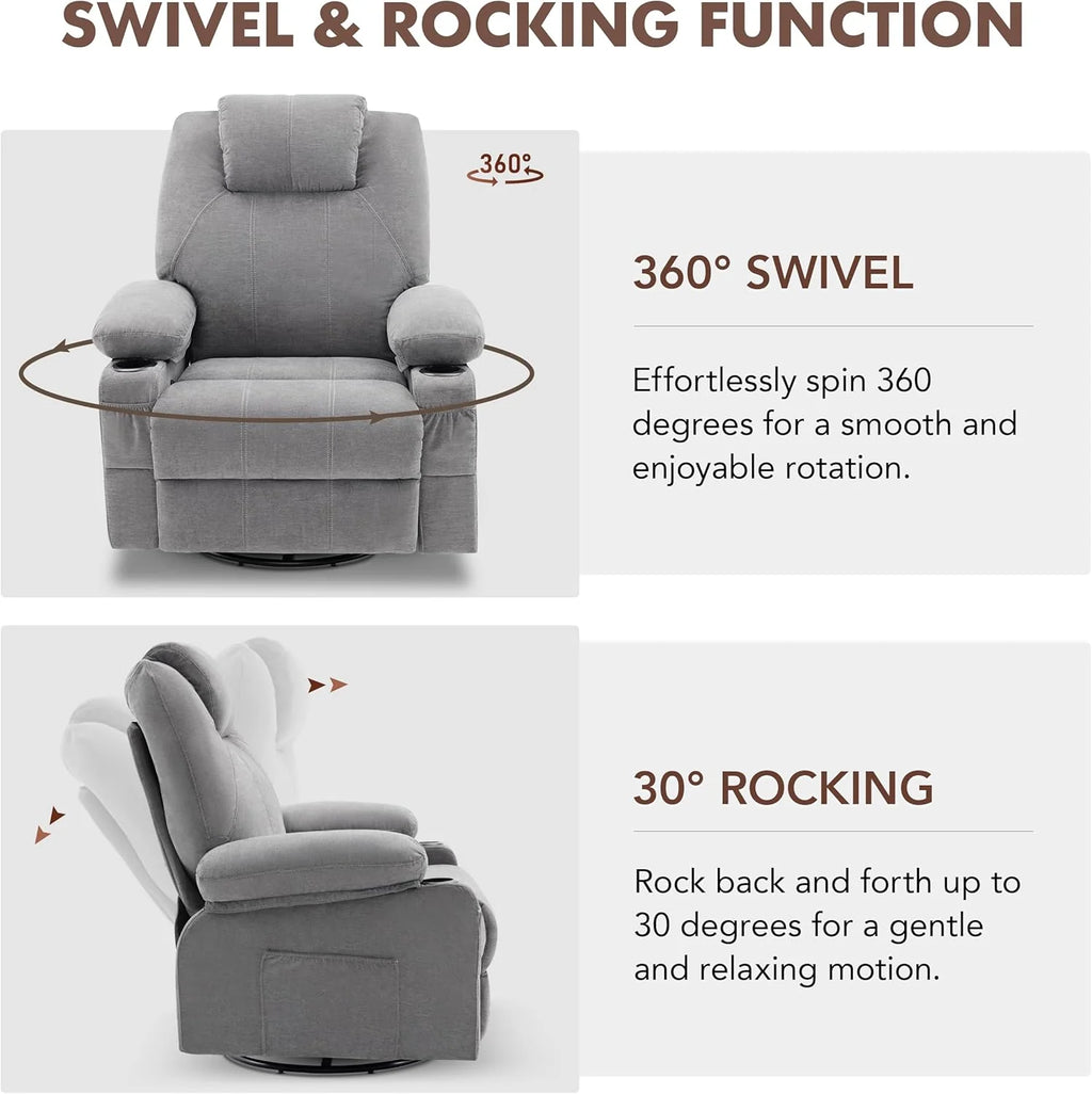 Large Swivel Rocking Recliner with Heating and Massage Function, 360 Degree Swivel Rocking Single Sofa