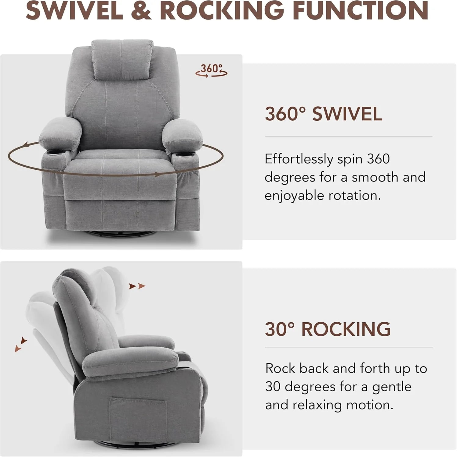 Large Swivel Rocking Recliner with Heating and Massage Function, 360 Degree Swivel Rocking Single Sofa