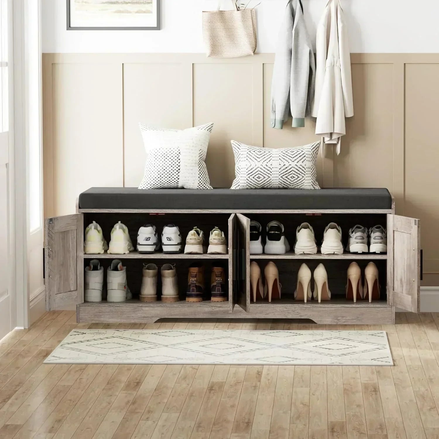 2-Tier Storage Bench Shoe Bench with Thickened Padded Seat Cushion Entryway Bench