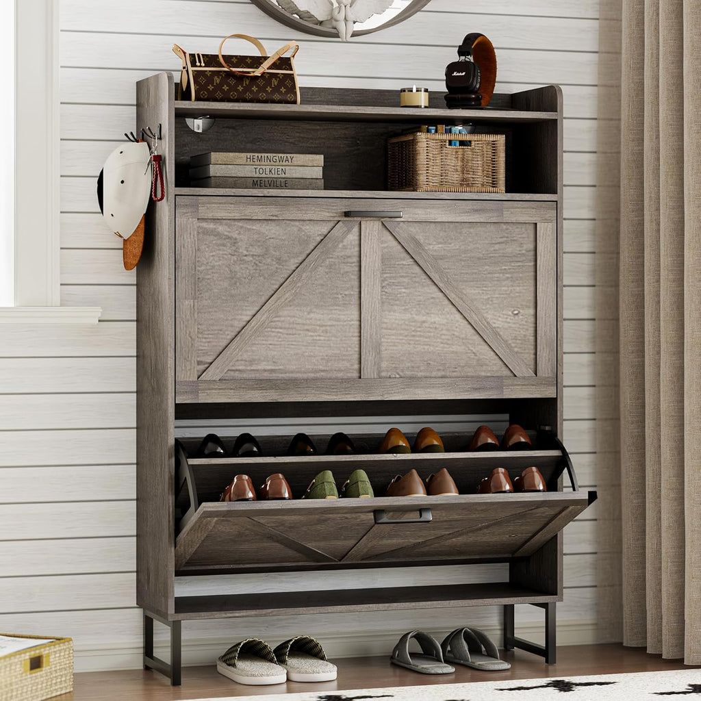 Shoe Cabinet with 2 Flip Drawers Narrow Shoe Storage Cabinet Organizer Wooden Freestanding Rack