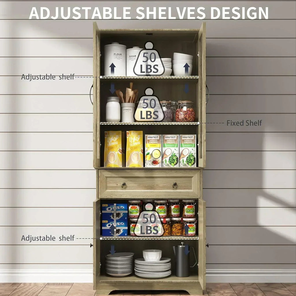 Kitchen Hutch Pantry Cabinet 71 Tall with Glass Doors