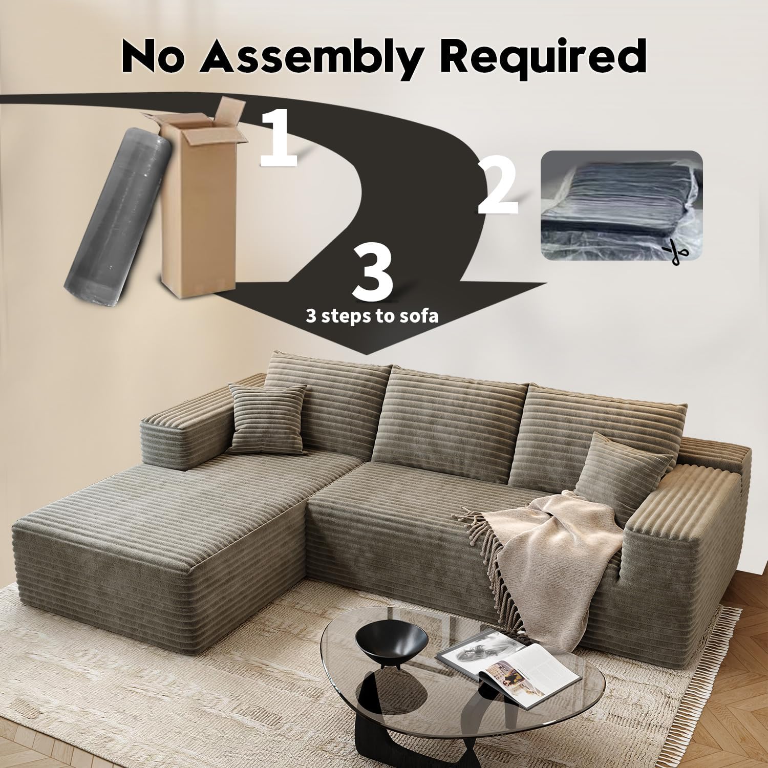 107.5 inch Cloud Modular Sectional Sofa with L-Shaped Chaise Lounge, Modern Minimalist Upholstered Sofa Deep Seating Corner Sofa