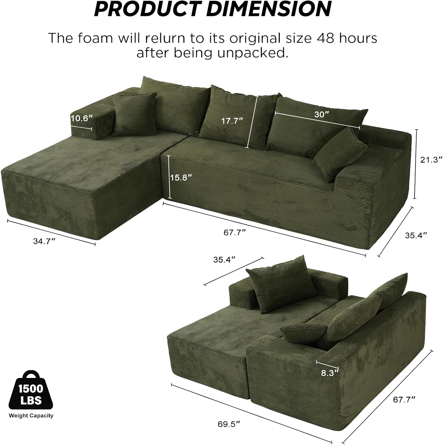 Cloud sofa with L-shaped lounge chair modern modular sofa with deep seats