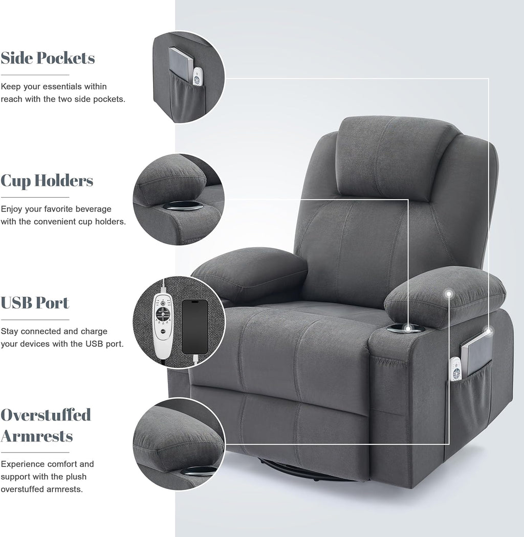 Large Swivel Rocking Recliner with Massage Function 360 Degree Swivel Rocking Single Sofa