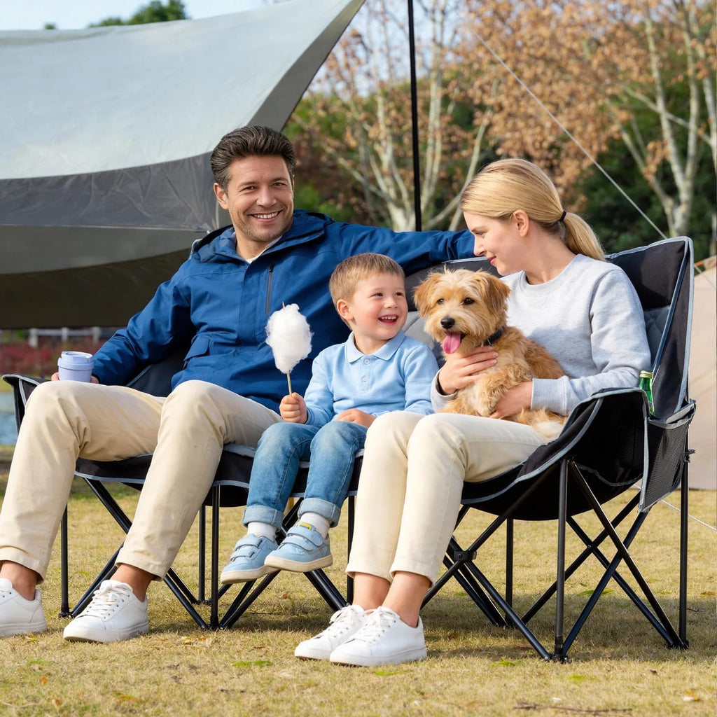 Oversized 3 Person Camping Chair Folding Padded Loveseat with Cup Holders and Carry Bag