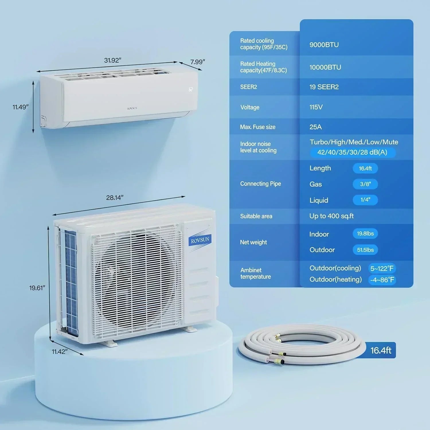 ROVSUN 9000 BTU Wifi Enabled Mini Split Air Conditioner Heater Inverter 19 SEER2 Energy Saving