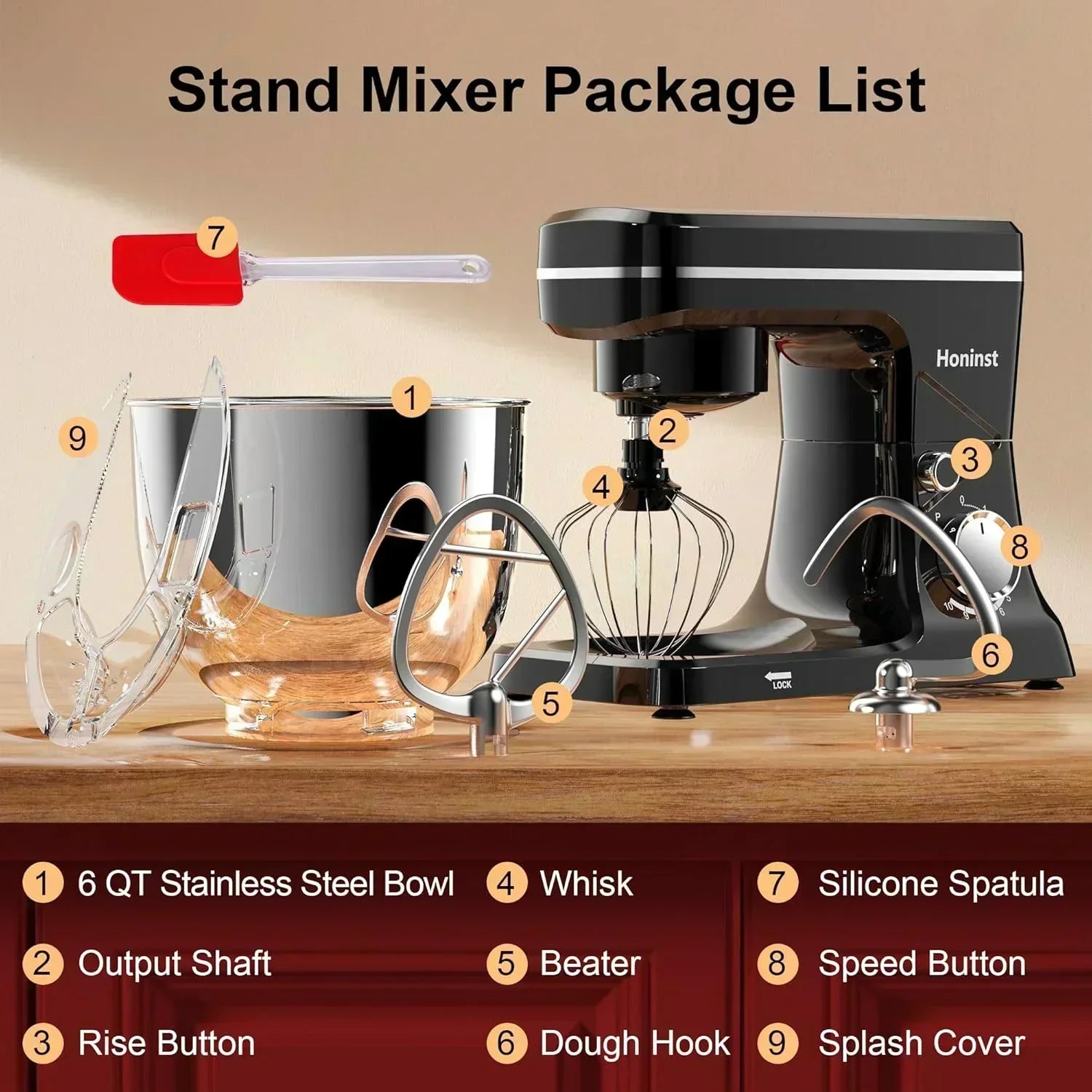 10-Speed Stand Mixer with 8-in-1 Splash Guard Tilt Head 6-Quart Stainless Steel Bowl
