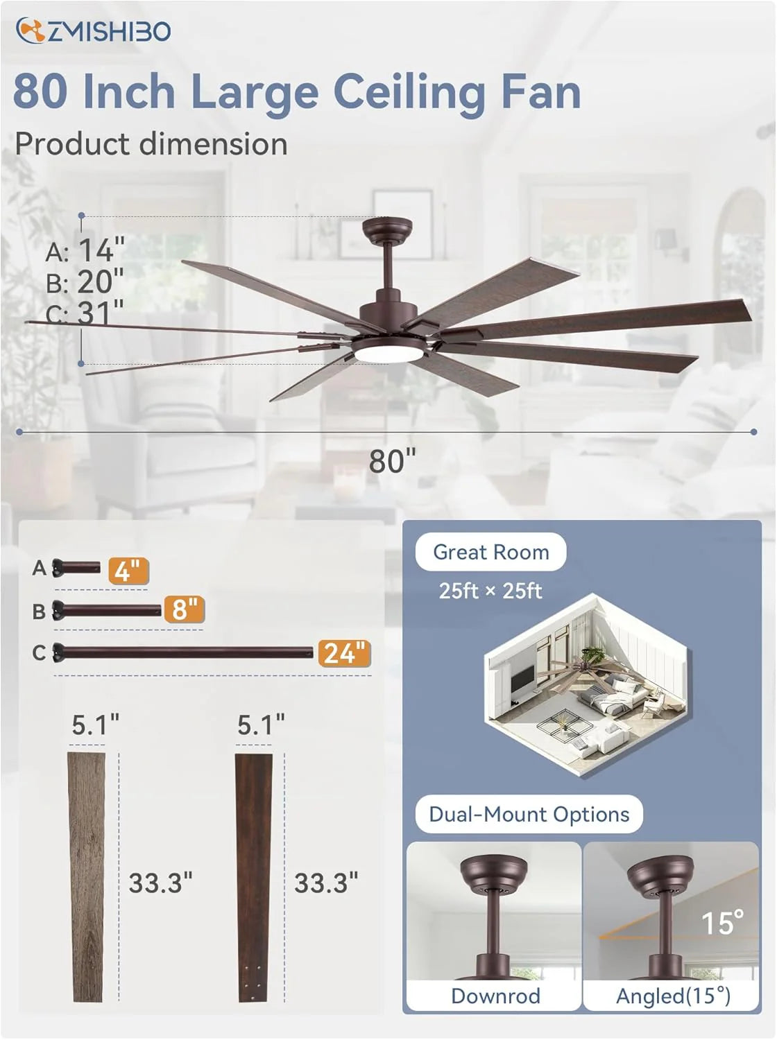 ZMISHIBO 72 inch Large Ceiling Fans with Lights and Remote, Indoor/Outdoor Black Modern Ceiling Fan for Kitchen Living Room Patio, 6 Speed Reversible Quiet DC Motor, 3 CCT, Dual Finish 8 Blades