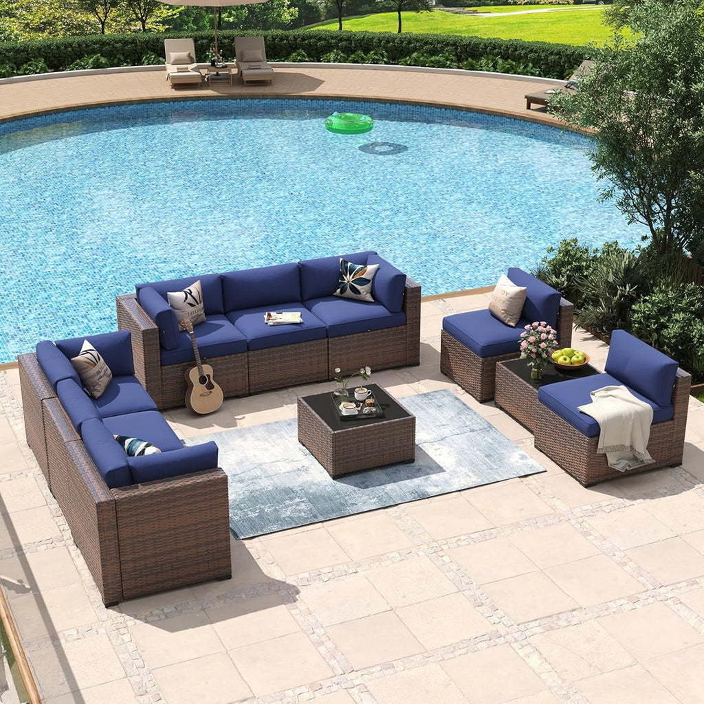 Aoxun 8 Piece Patio Furniture Set with 44?Fire Pit Table Wicker Rattan Outdoor Sectional Sofa Set with Coffee Table and Thickened Cushions, Beige (Waterproof Cover Included)