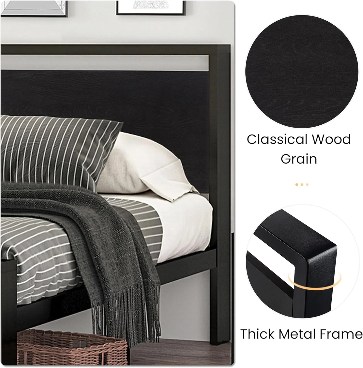 SHA CERLIN 14 Inch Queen Size Metal Platform Bed Frame with Wooden Headboard and Footboard