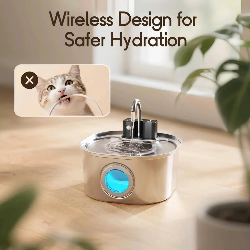 Wireless Cat Water Fountain 3.2L Stainless Steel with Rechargeable Battery LCD Display and Filter