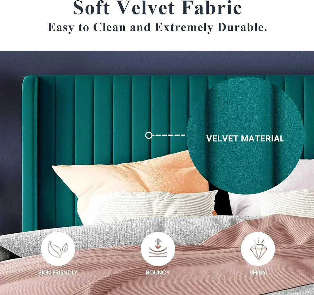 Allewie Full Size Velvet Bed Frame Vertical Channel Tufted Wingback Headboard Upholstered Bed