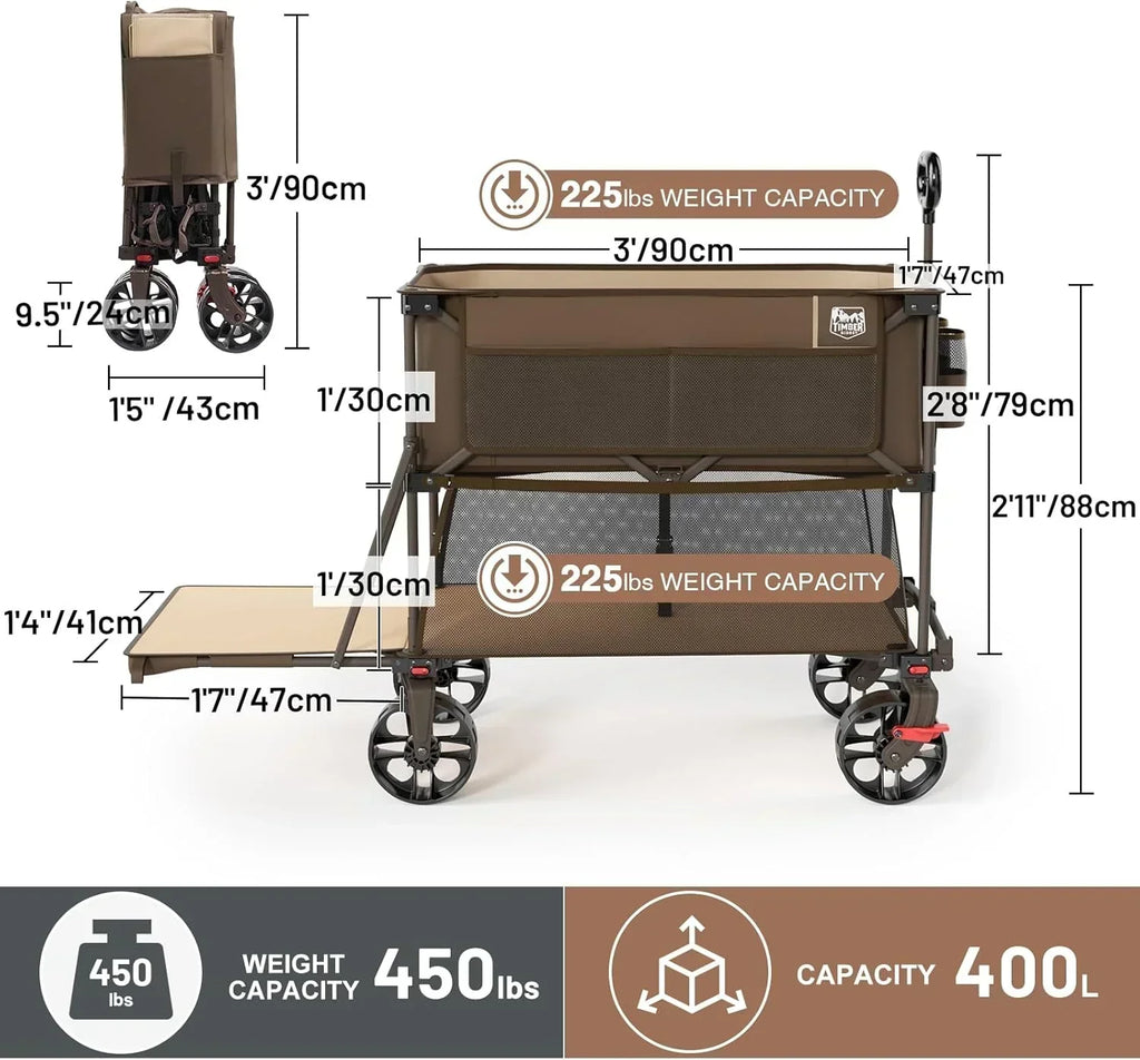 400L Large Capacity Folding Double Decker Cart with Brakes 54 Inch Extra Long Extended Cart