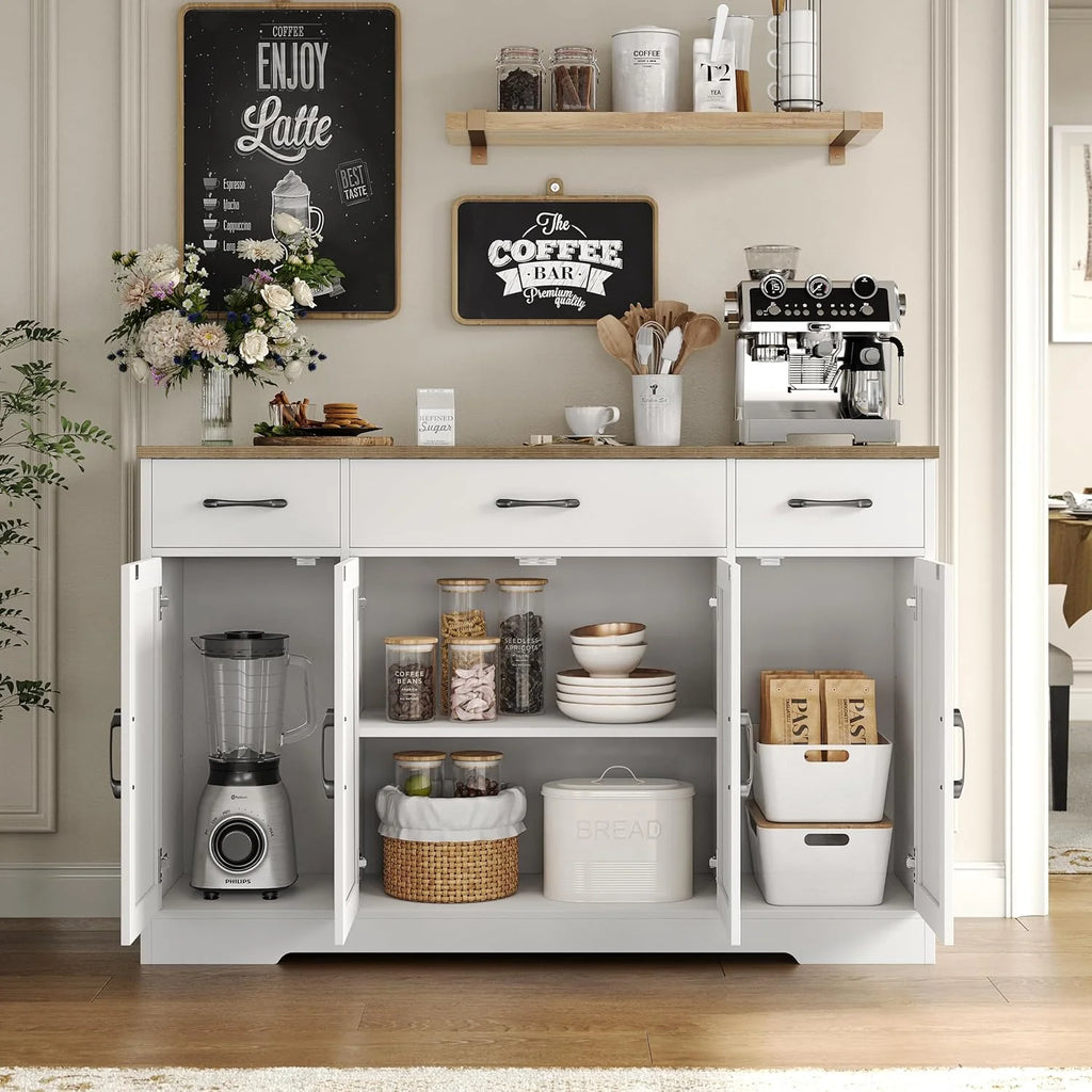 HOSTACK Buffet Cabinet with Drawers, 55 Large Sideboard Buffet Storage Cabinet with Shelves and Doors, Modern Farmhouse Coffee Bar Station Wood Kitchen Table for Kitchen, Dining Room, White/Rustic