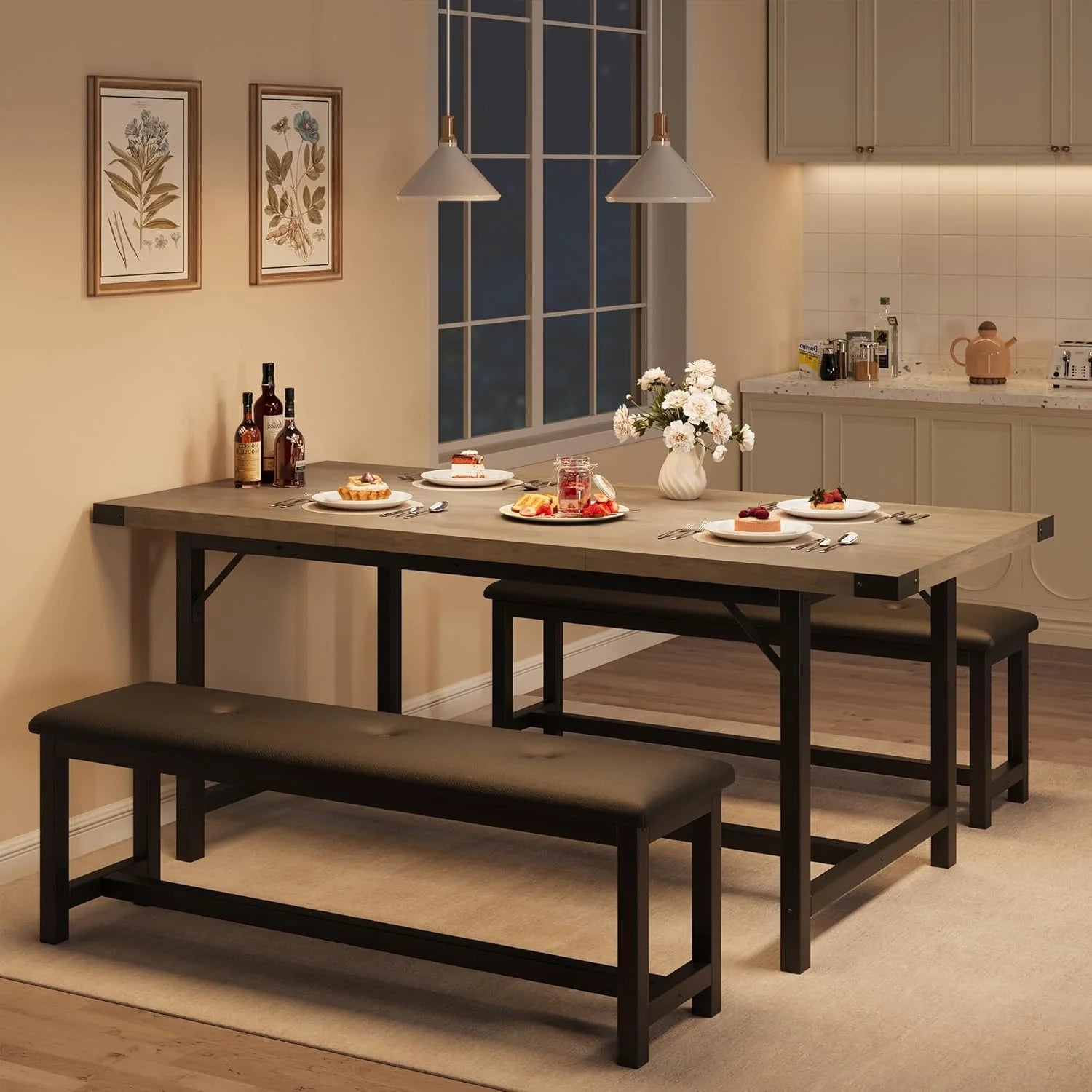 IDEALHOUSE 3 Piece Dining Table Set 63 Thick Metal Frame Kitchen Table Wooden Dinette Table Set