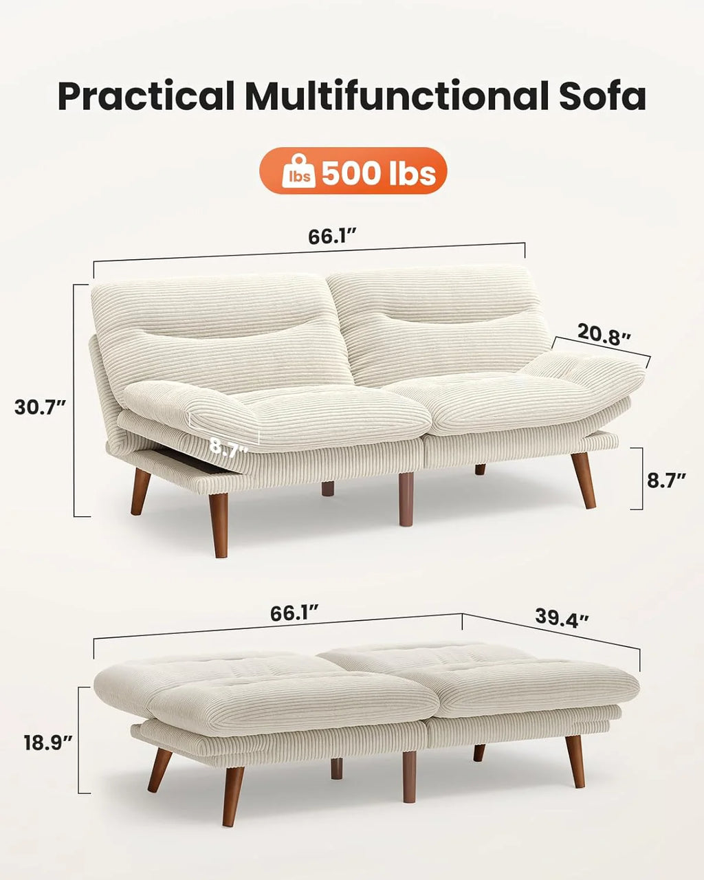 Pipishell Convertible Futon Sofa Bed,66 Corduroy Futon Couch with Adjustable Backrest and Armrests, Recliner Sleeper Sofa for Small Spaces, Play Room or Office, Grey