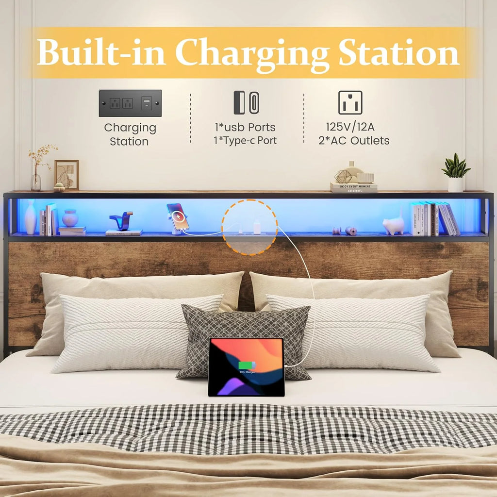 Lifezone Queen Bed Frame with 2-Tier Storage Headboard, Metal Platform Bed Frame with 4 Storage Drawers, Built in Charging Station & LED, Noise-Free/Metal Support/No Box Spring Needed