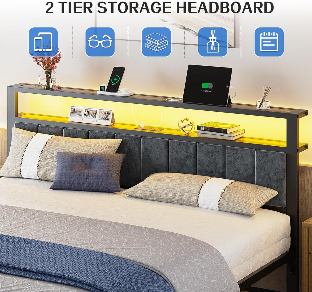 Queen Size Bed Frame with 2-Tier Storage Shelves Headboard Platform Bed with Charging Station