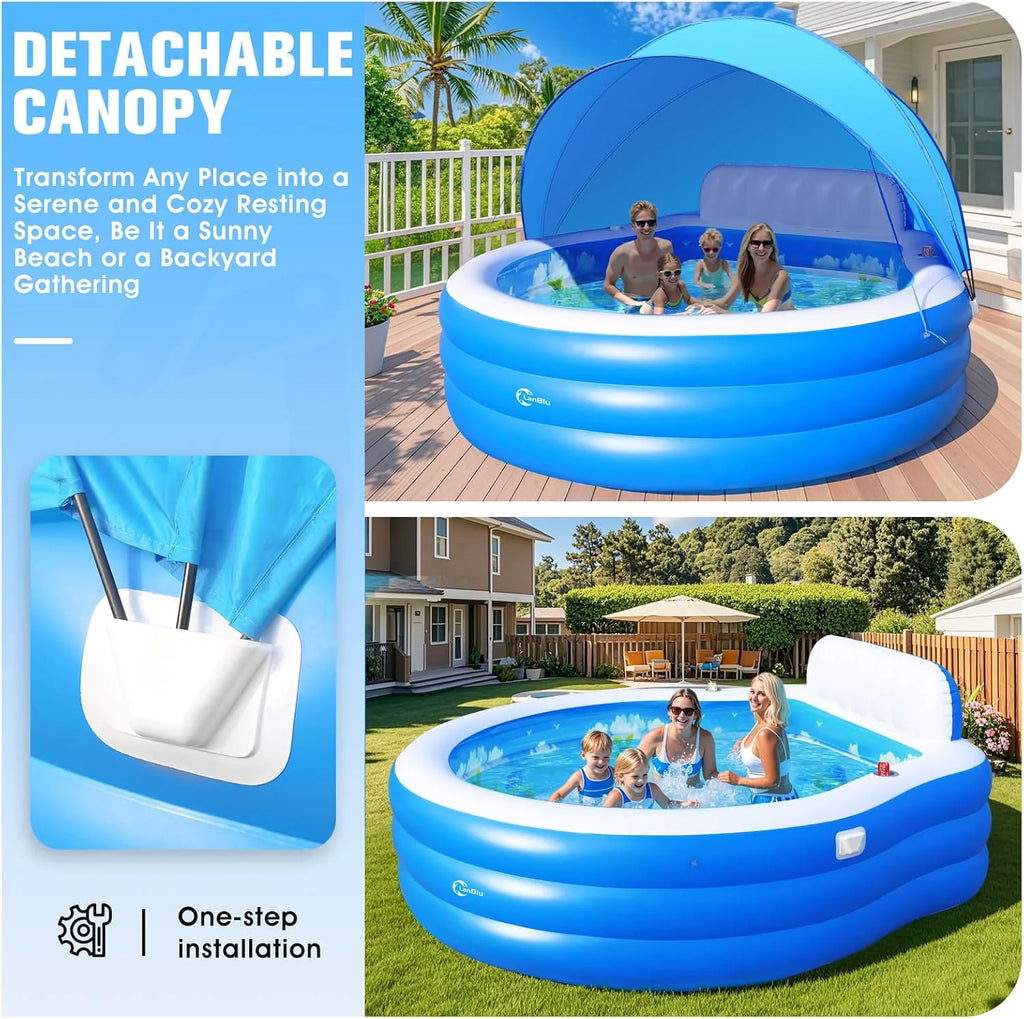 2025 Upgraded Inflatable Pool with Canopy, Inflatable Family Lounge Pool, Round Blow Up Pool for Adult with Bench & Backrest, Swim Center Easy Backyard Pools for Kids & Adults, 92x92x26, Blue