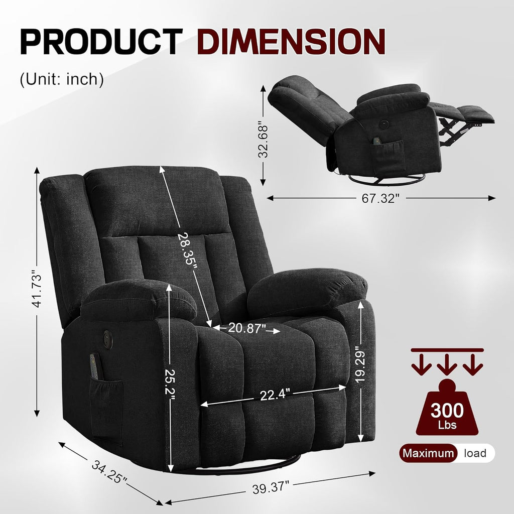 Rocker Recliner, Glider Recliner Chairs for Adults, 360�� Swivel Rocking Chair with Massage and Heating, Nursery Chair