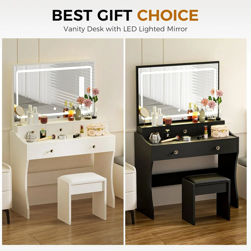 COMHOMA Makeup Vanity Desk with Mirror and Lights, Vanity Table and Chair Set