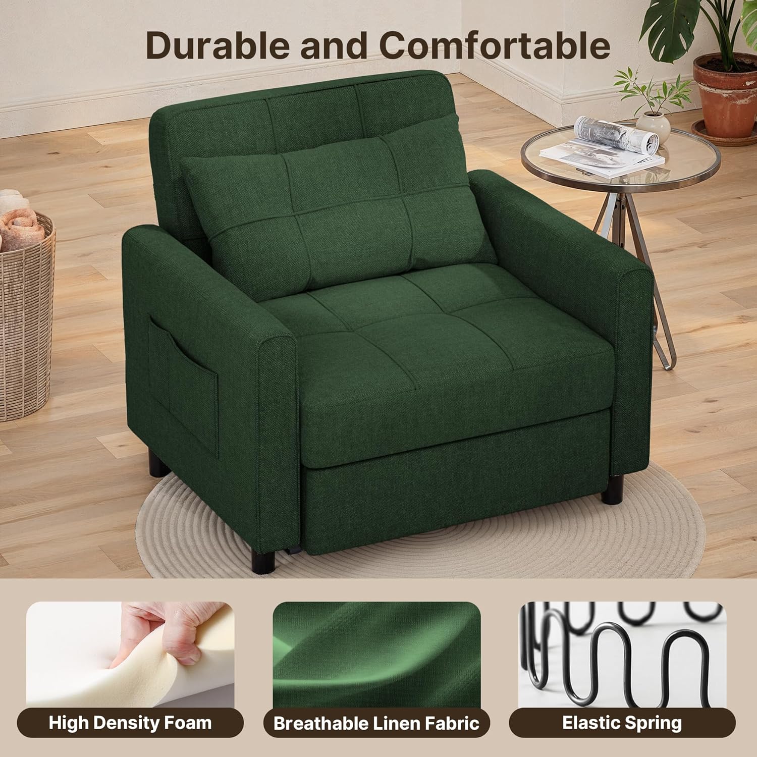 Sofa Bed Chair 3 in 1 Convertible Pullout Single Sleeper Chair Bed Spacious Multifunctional Sofa