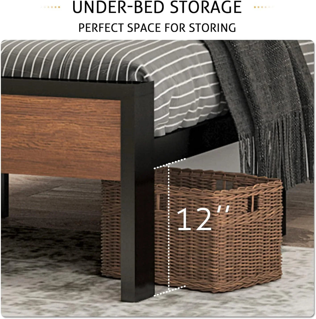 SHA CERLIN 14 Inch Full Size Metal Platform Bed Frame with Wooden Headboard and Footboard