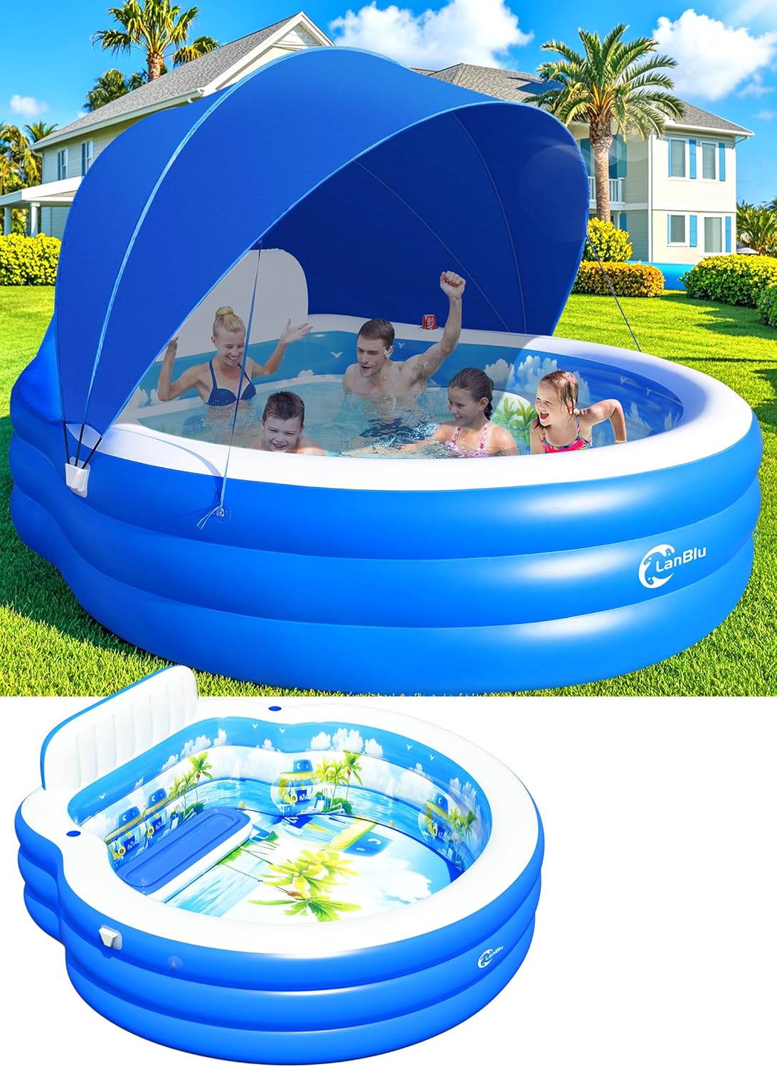 2025 Upgraded Inflatable Pool with Canopy Inflatable Family Lounge Pool Round Blow Up Pool