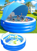 2025 Upgraded Inflatable Pool with Canopy, Inflatable Family Lounge Pool, Round Blow Up Pool for Adult with Bench & Backrest, Swim Center Easy Backyard Pools for Kids & Adults, 92x92x26, Blue