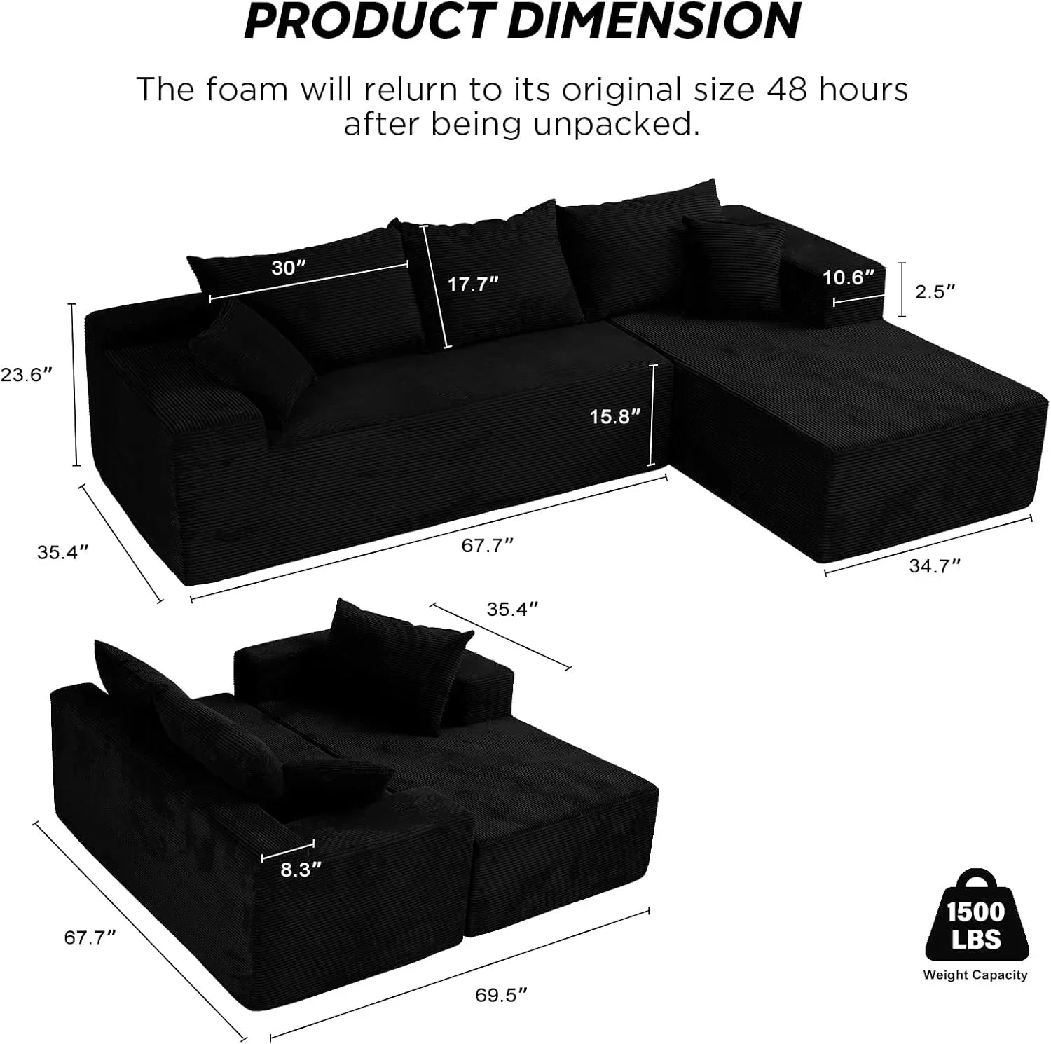 Cloud sofa with L-shaped lounge chair modern modular sofa with deep seats