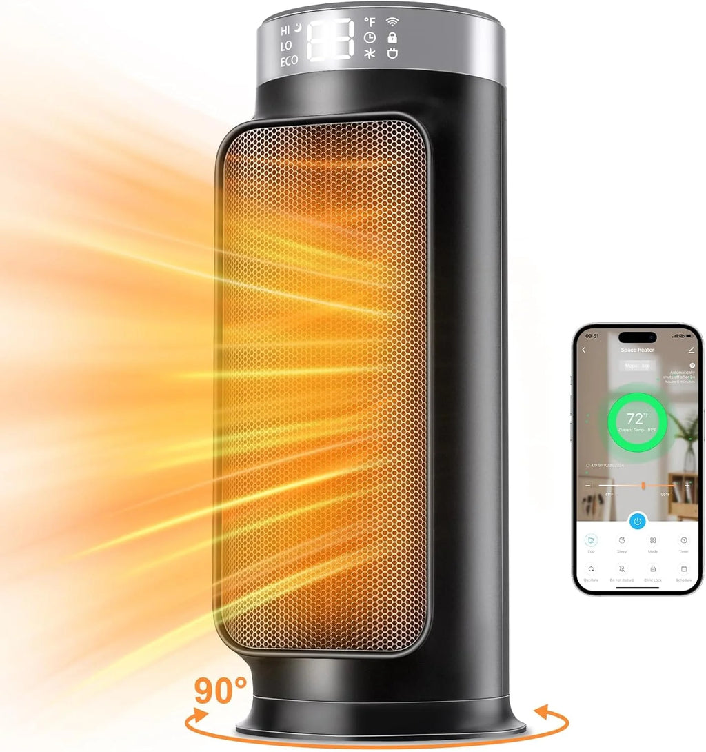 1500W Space Heaters for Indoor Use, Smart PTC Electric Heater with Wifi/App & Remote Control, 24H Timer, 90?? Oscillation, Overheat and Tip-Over Protection, 5 Modes for Home Office Bedroom Bathroom