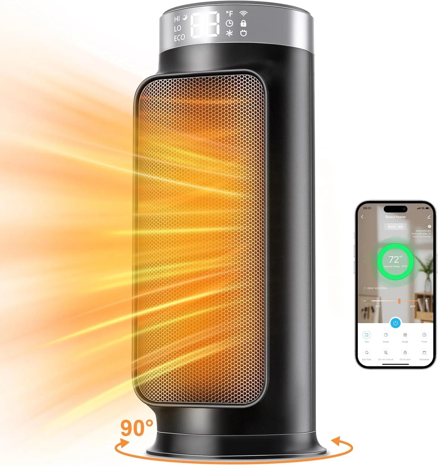 1500W Space Heaters for Indoor Use, Smart PTC Electric Heater with Wifi/App & Remote Control, 24H Timer, 90?? Oscillation, Overheat and Tip-Over Protection, 5 Modes for Home Office Bedroom Bathroom