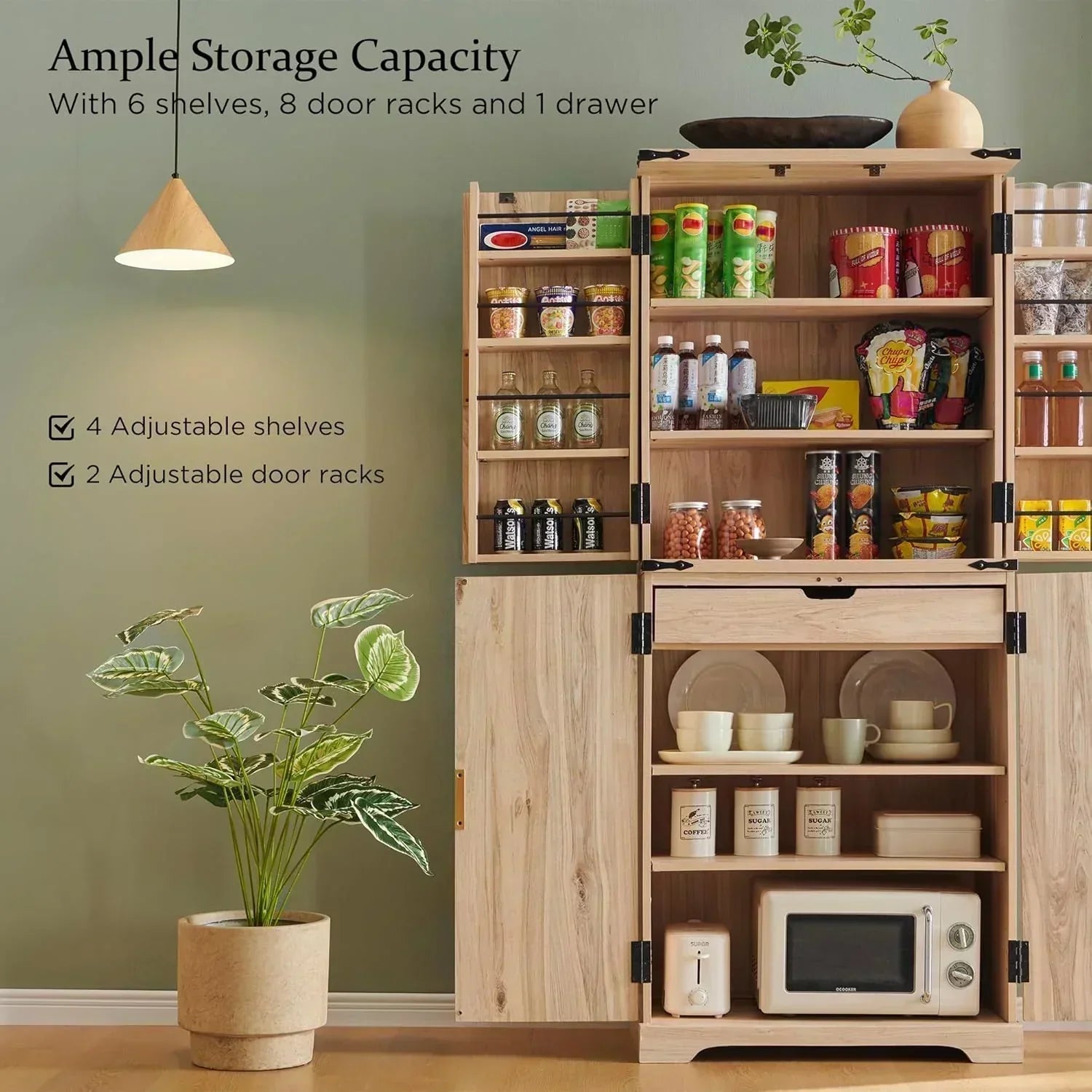 Fluted Pantry Cabinet 72 Tall Modern Storage Cabinet with 4 Doors Organizer Drawer