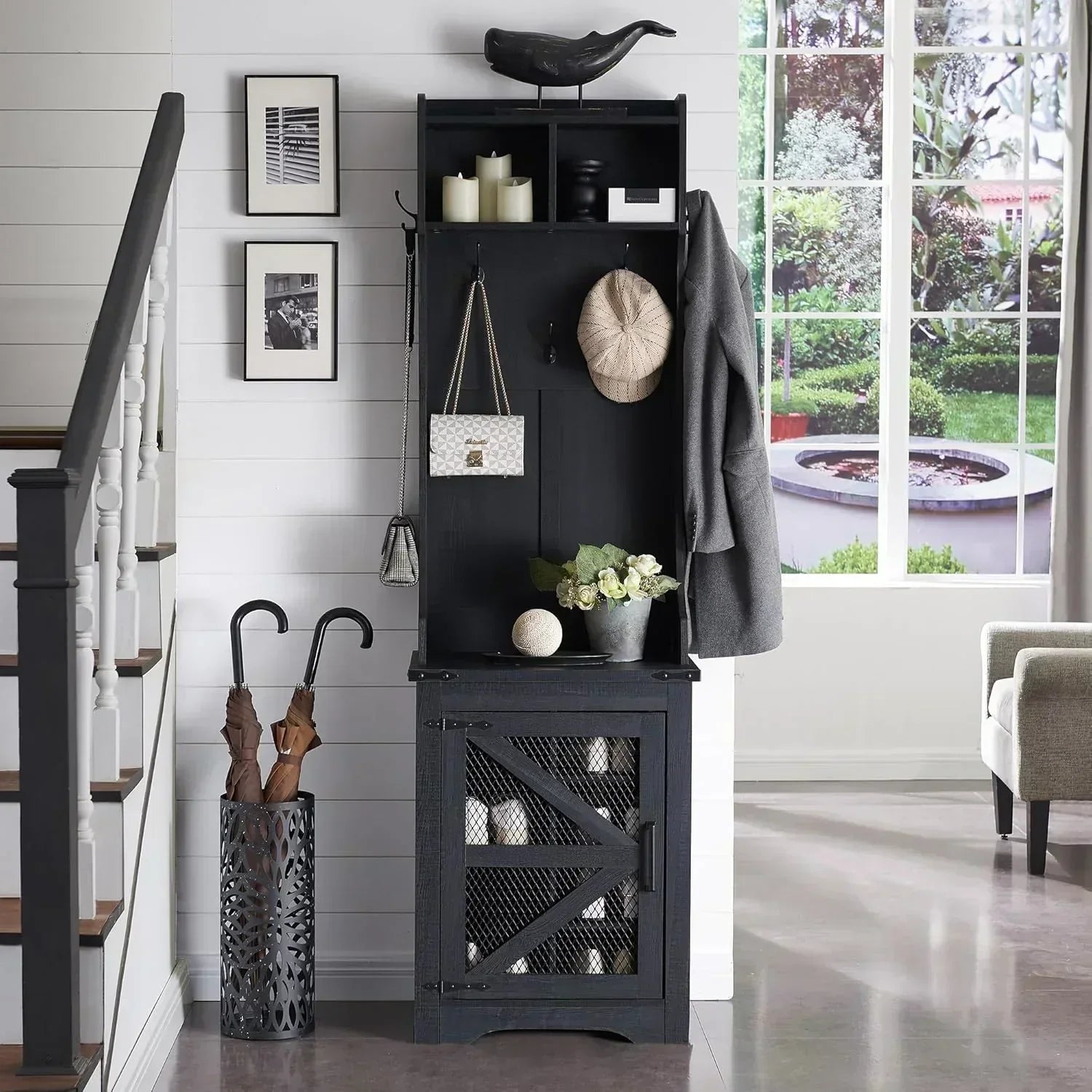 JXQTLINGMU 59-inch Farmhouse Foyer Tree Shoe Storage Entryway Bench Foyer Coat Rack Cabinet