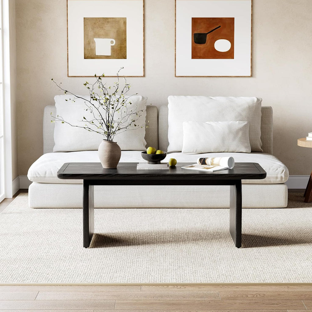 LITTLE TREE Farmhouse Coffee Table, 47 Inch Round Corner Wood Center Table, Rectangular Living Room Table, Modern Low Cocktail Tea Set