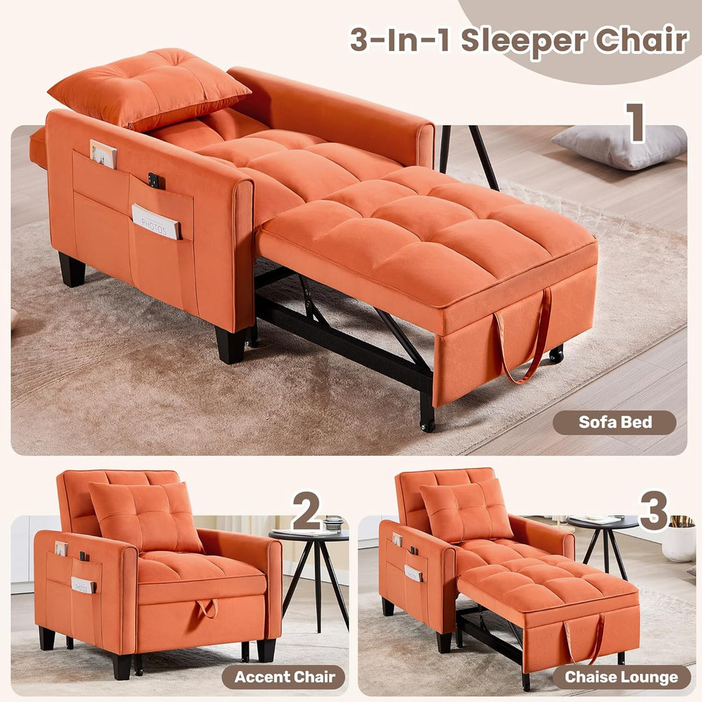 Convertible Sleeper Chair 3 in 1 Sleeper Chair Bed Pull Out Sofa Bed Chairs Velvet Single Sofa