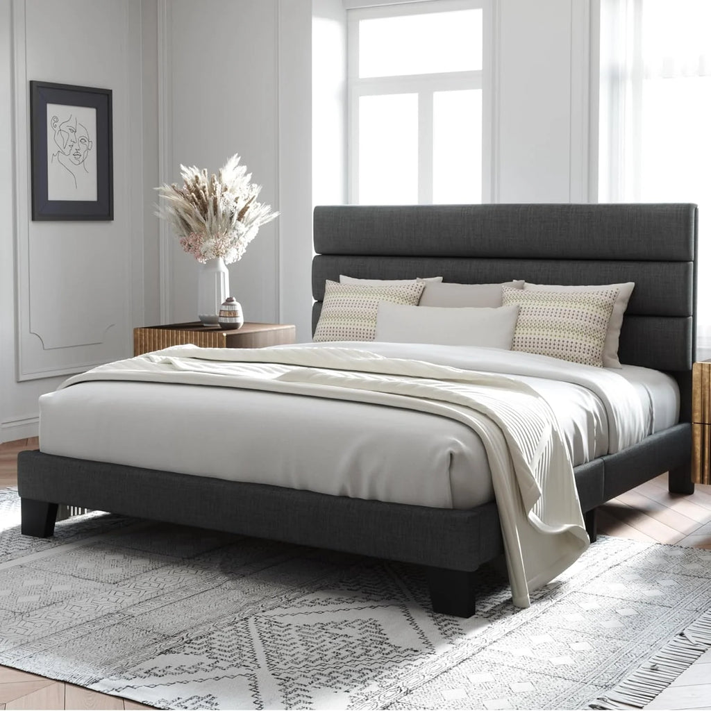 Allewie Queen Size Platform Bed Frame Fabric Upholstered Headboard Wooden Slats Support