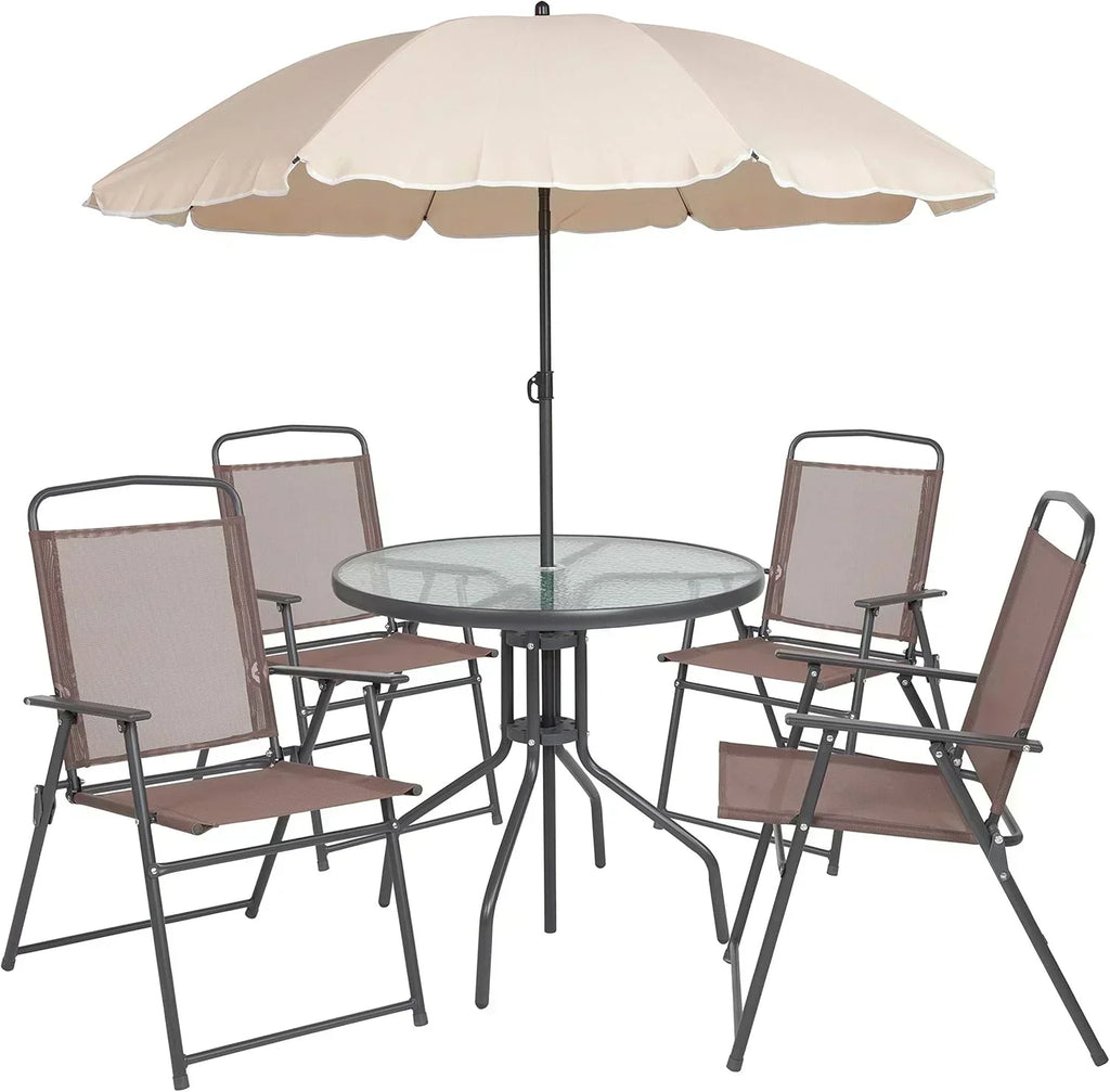 EMMA + OLIVER 6 Piece Brown Patio Garden Set with Umbrella Table Set of 4 Folding Chairs