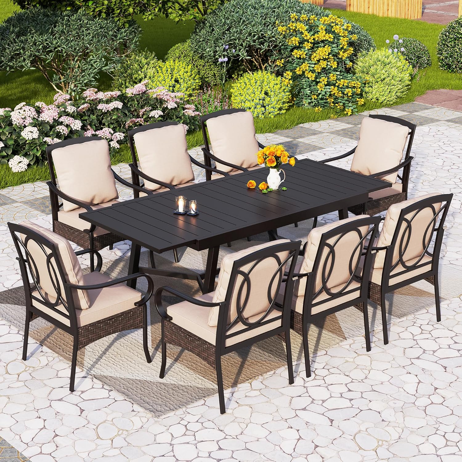 PHI VILLA 6-Piece Outdoor Dining Sets, All-Weather Patio Table and Chairs Set with Umbrella for 4, Heavy Duty Patio Round Table Set for Deck, 4 Extra Large Outdoor Swivel Chairs with Thick Cushions