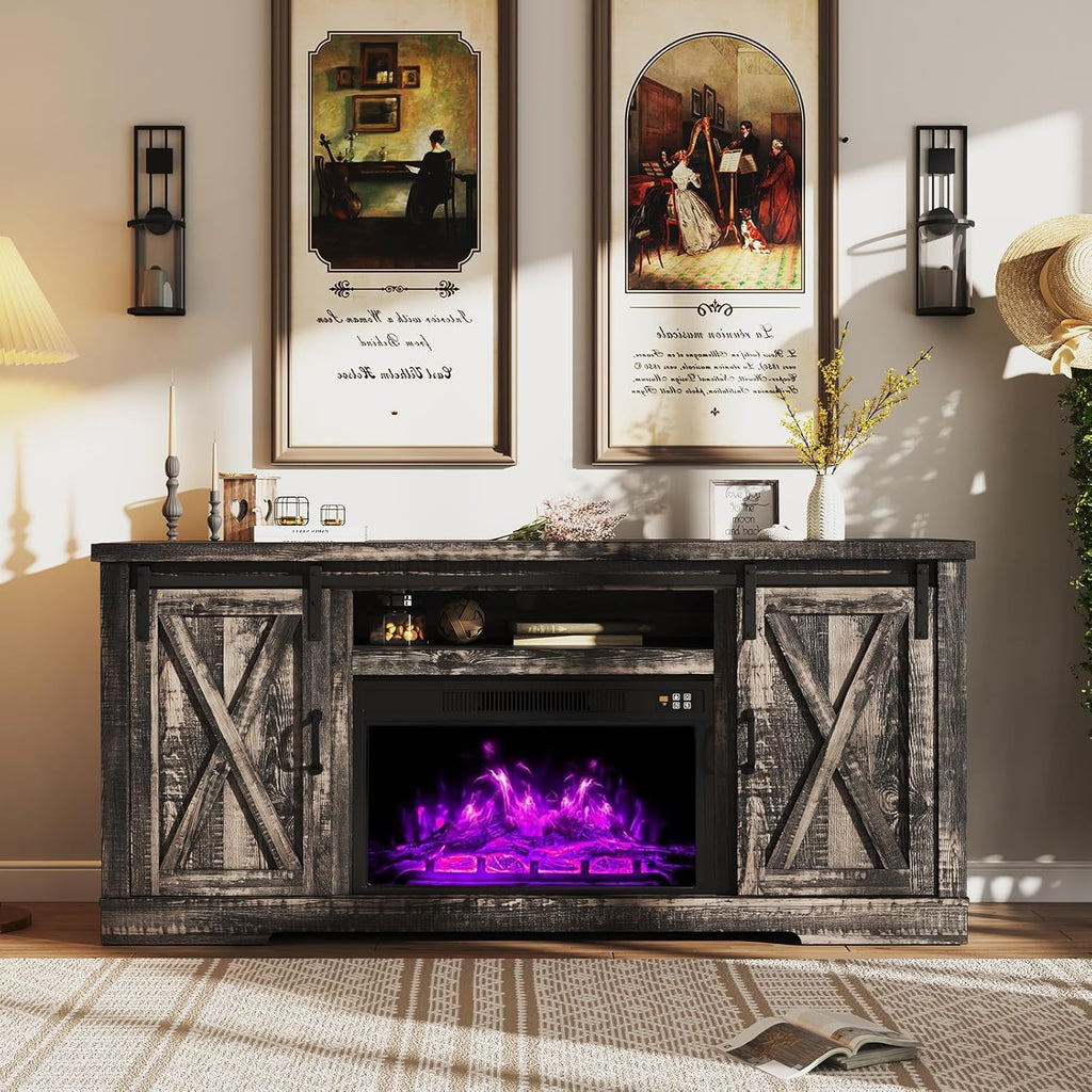 AMERLIFE Fireplace TV Stand with Sliding Barn Door  Farmhouse 63 Fireplace Entertainment Center