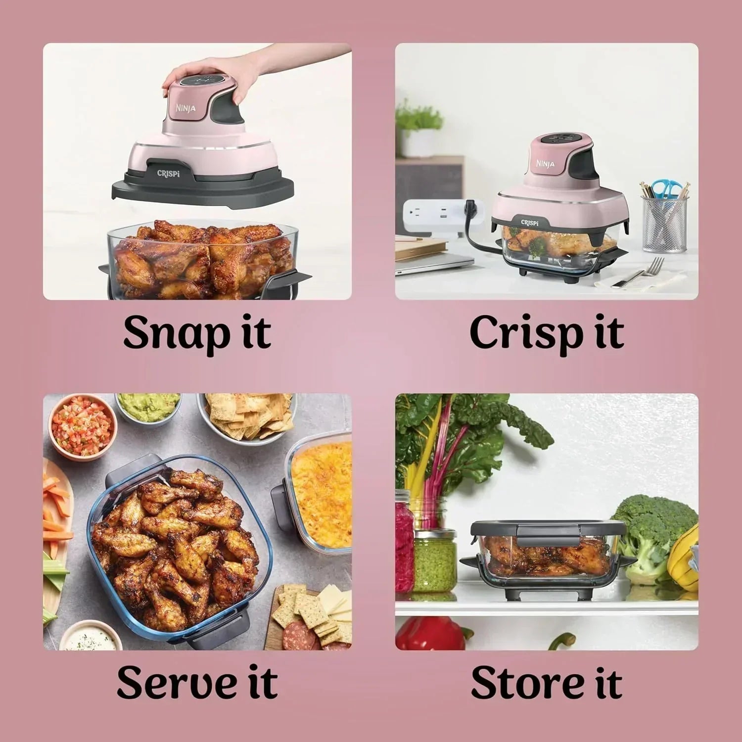 Ninja Crispi 4 in 1 Portable Glass Air Fryer Cooking System 4QT 6 Cup TempWare Glass Containers