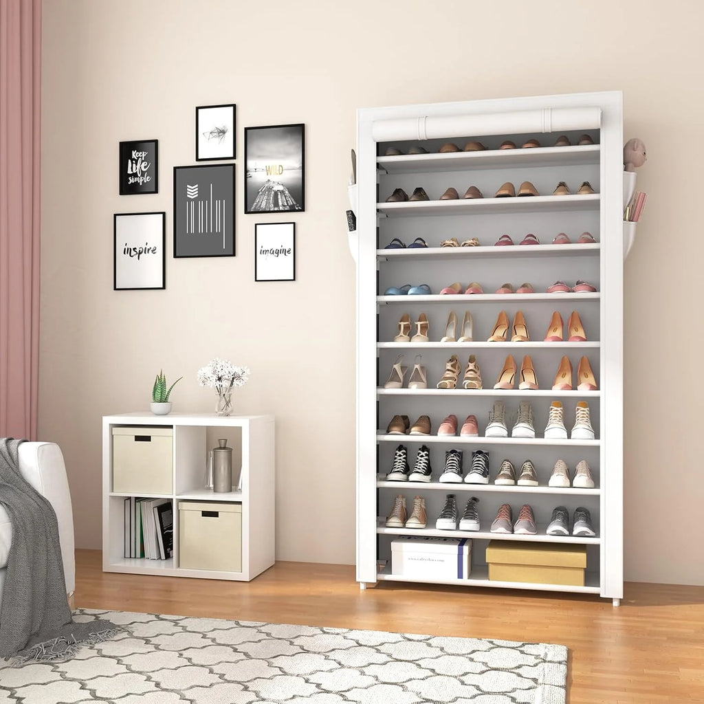 ROJASOP 10 Tier Shoe Rack with Covers Large Capacity Stackable Tall Shoe Shelf Storage
