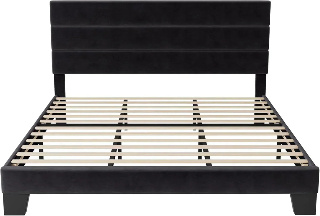 Allewie Queen Size Platform Bed Frame with Fabric Upholstered Headboard Wooden Slats Support