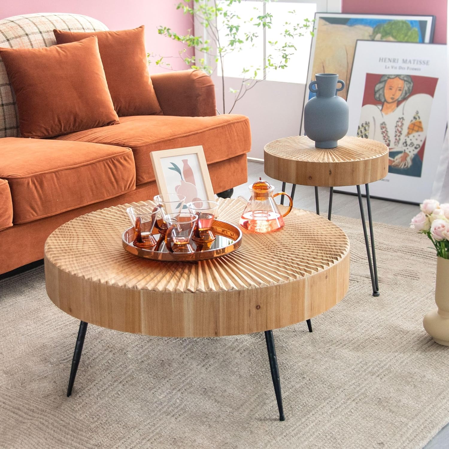 Two-Piece Modern Farmhouse Living Room Coffee Table Set Round Nesting Tables