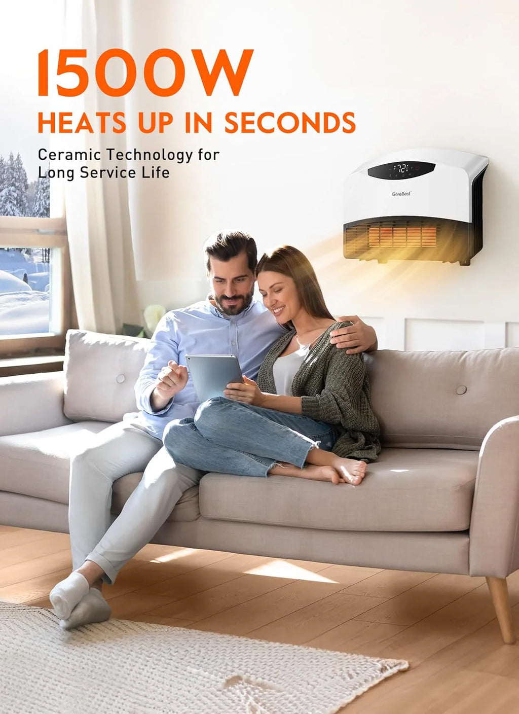 GiveBest Electric Wall Heater with WiFi and Remote Control, Floor or Wall Mounted Heater, Large Room Coverage, 3 Heating Modes, 1500W Fast Heating Space with Thermostat for Indoor Room Use