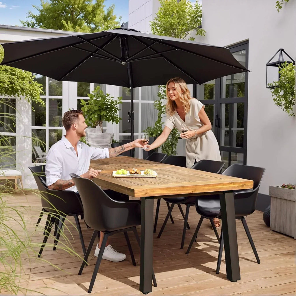 Devoko Home Acacia Wood Dining Table 6-Person Indoor Outdoor Table Iron Legs Sandblast Finish