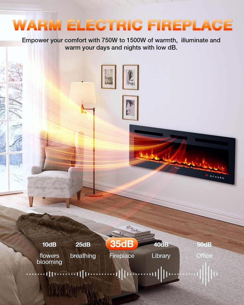 Electric Fireplace 60Inch Wall Mounted Electric Fireplace Heater with Timer Inserts TV Stand