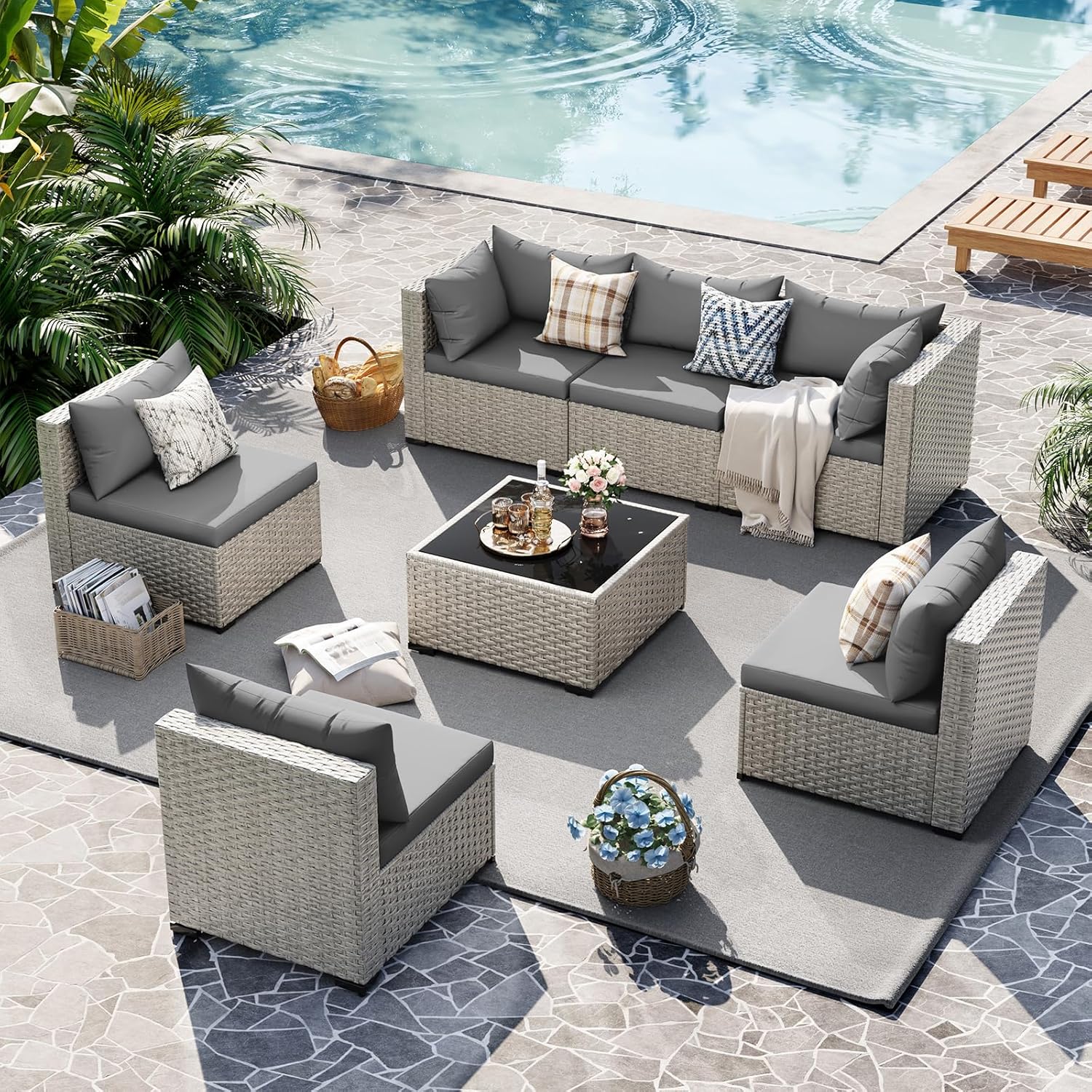 UDPATIO Outdoor Patio Furniture Set 7-Piece PE Wicker Sectional Sofa Outdoor Conversation Set