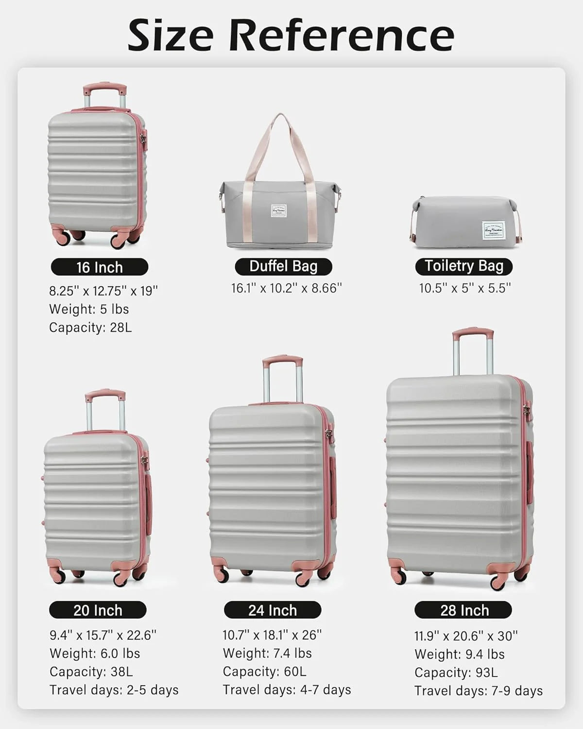 LONG VACATION 6 Piece Luggage Set Carry on Suitcase with ABS+PC hardshell, Spinner Wheels & YKK Zipper TSA Lock