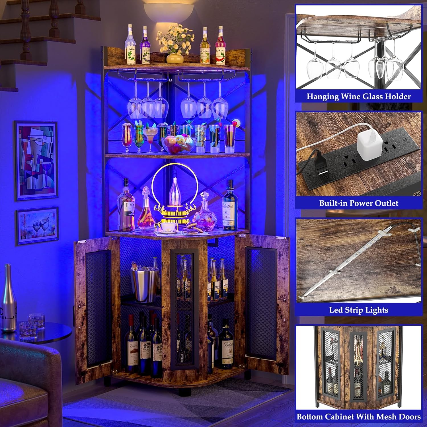 Corner bar cabinet with power socket industrial style wine cabinet light strip and glass rack